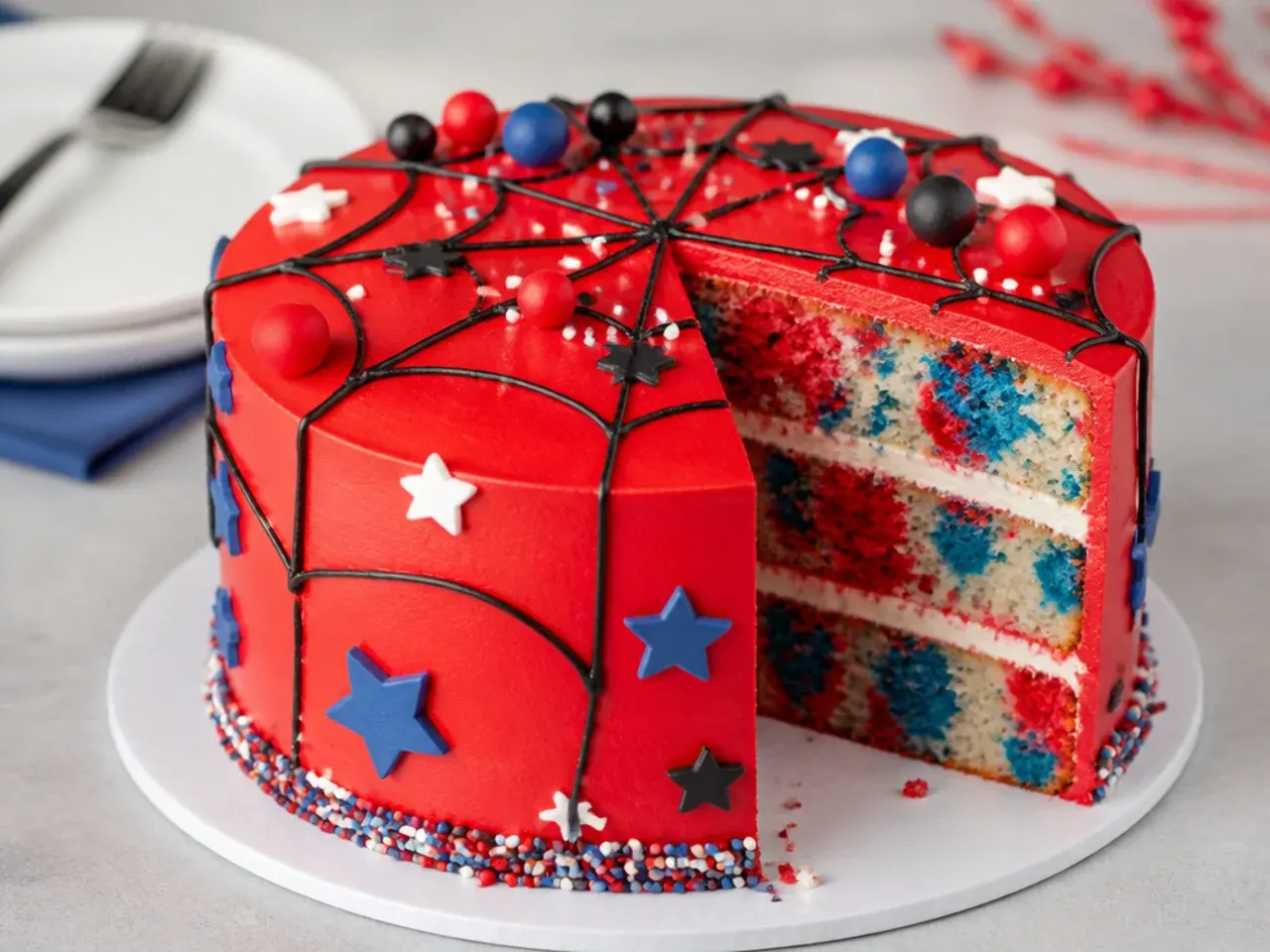 Festive Spiderman birthday cake with red and blue confetti sponge inside