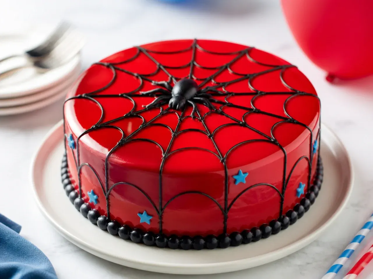 Bold Spiderman birthday cake with glossy red mirror glaze and black web