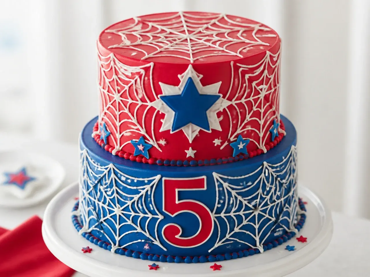 Delicate Spiderman birthday cake with fine piped royal icing web lace