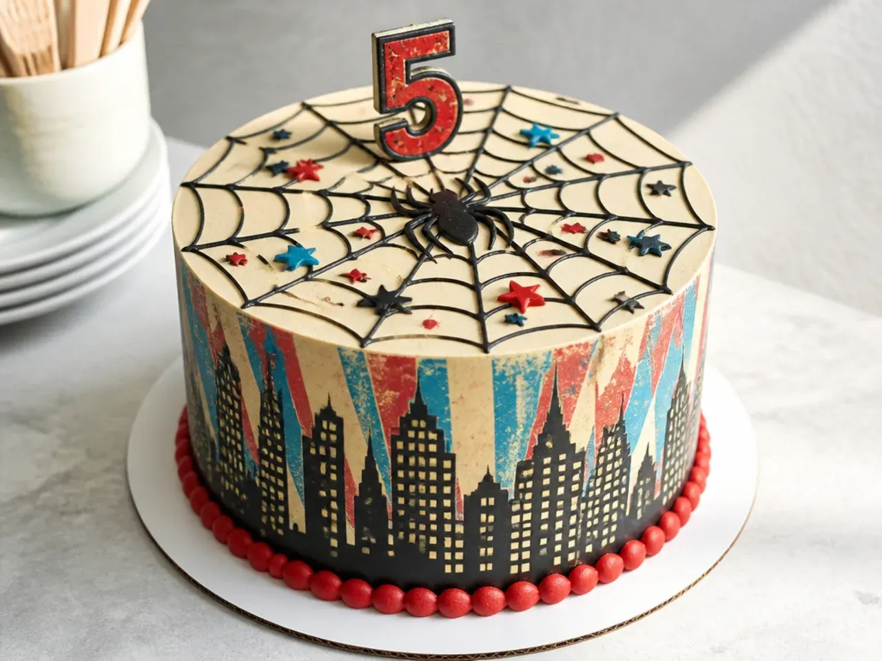 Vintage comic-cover style Spiderman birthday cake with muted red and blue tones