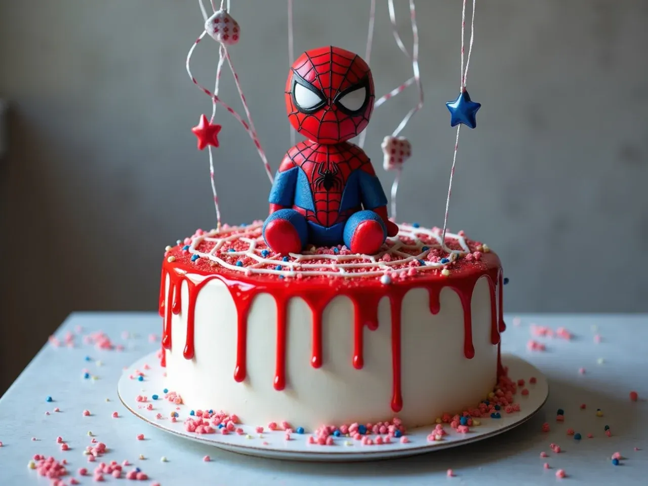Creative gravity-defying Spiderman birthday cake with suspended web decoration