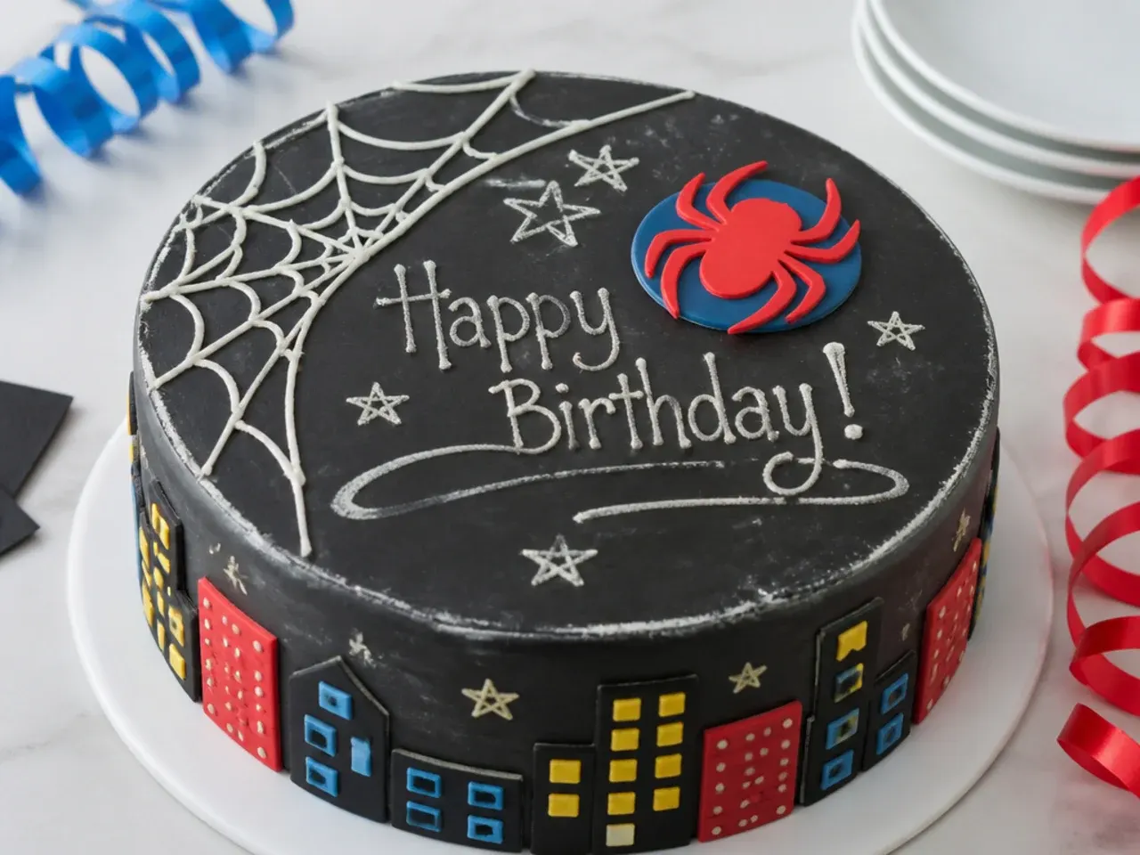 Charming chalkboard-style Spiderman birthday cake with web corner and message