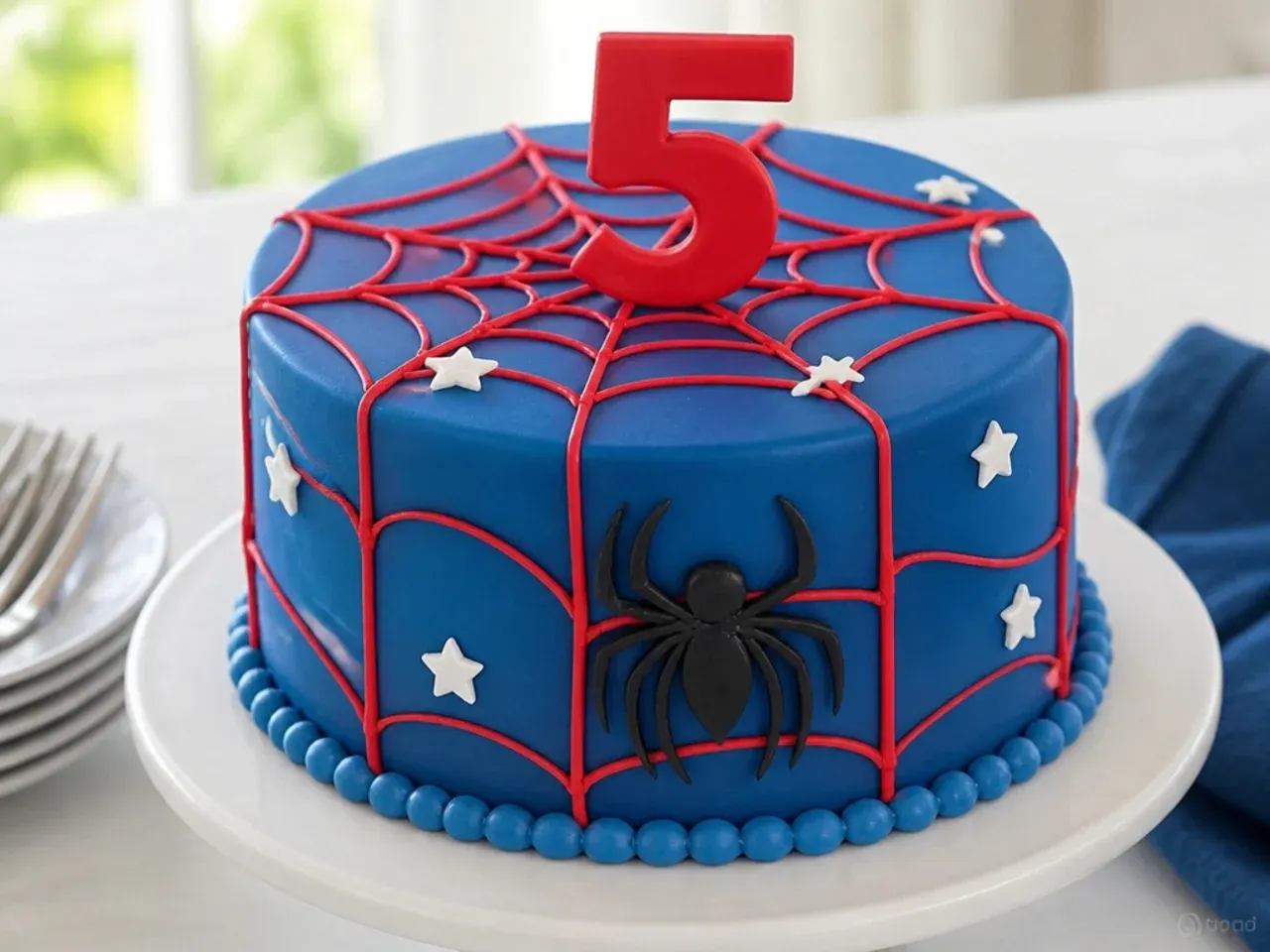 Classic blue-base Spiderman birthday cake with red web overlay design