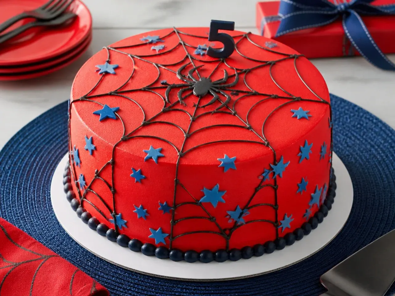 Easy fondant-free Spiderman birthday cake with red buttercream and blue star sprinkles