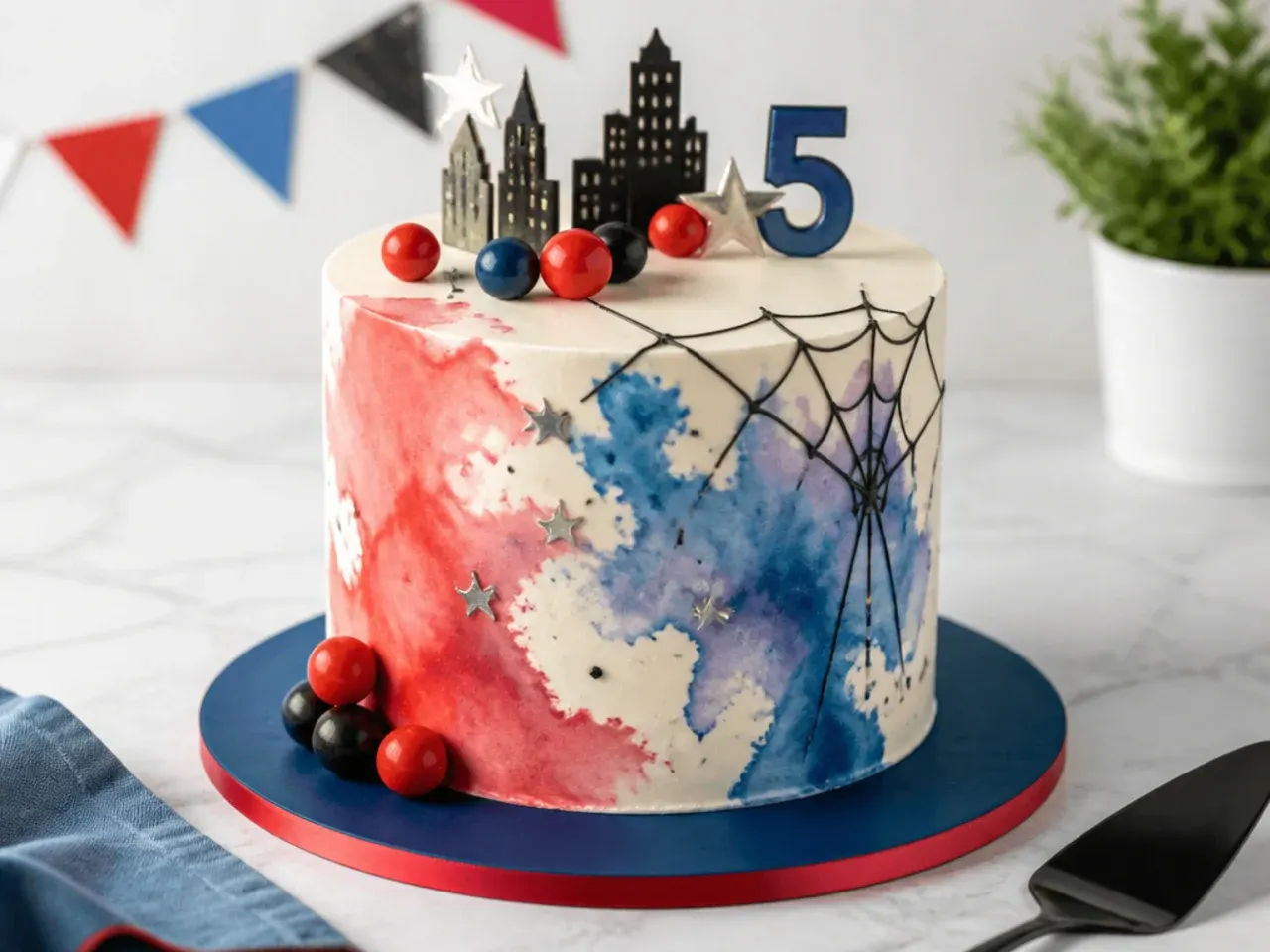 Elegant watercolor Spiderman birthday cake with painted red and blue washes