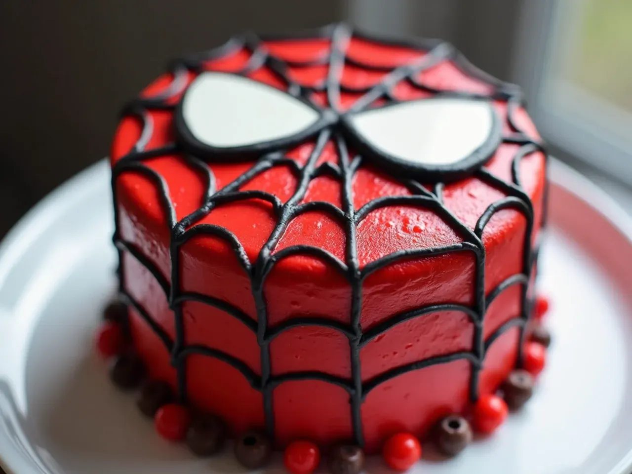 Playful Spiderman birthday cake with large cartoon-style white fondant eyes