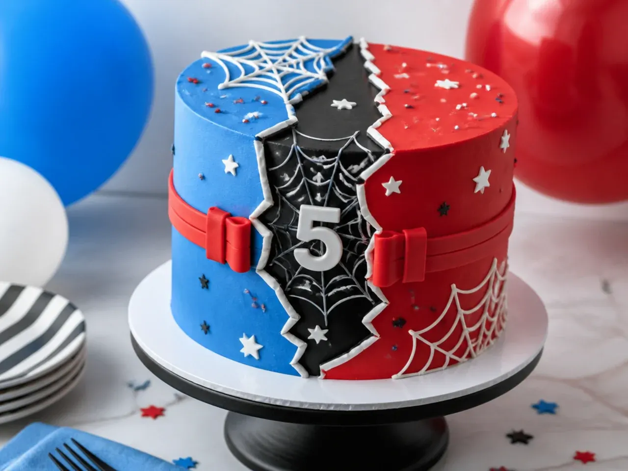 Modern fault-line Spiderman birthday cake with red band and blue color blocks