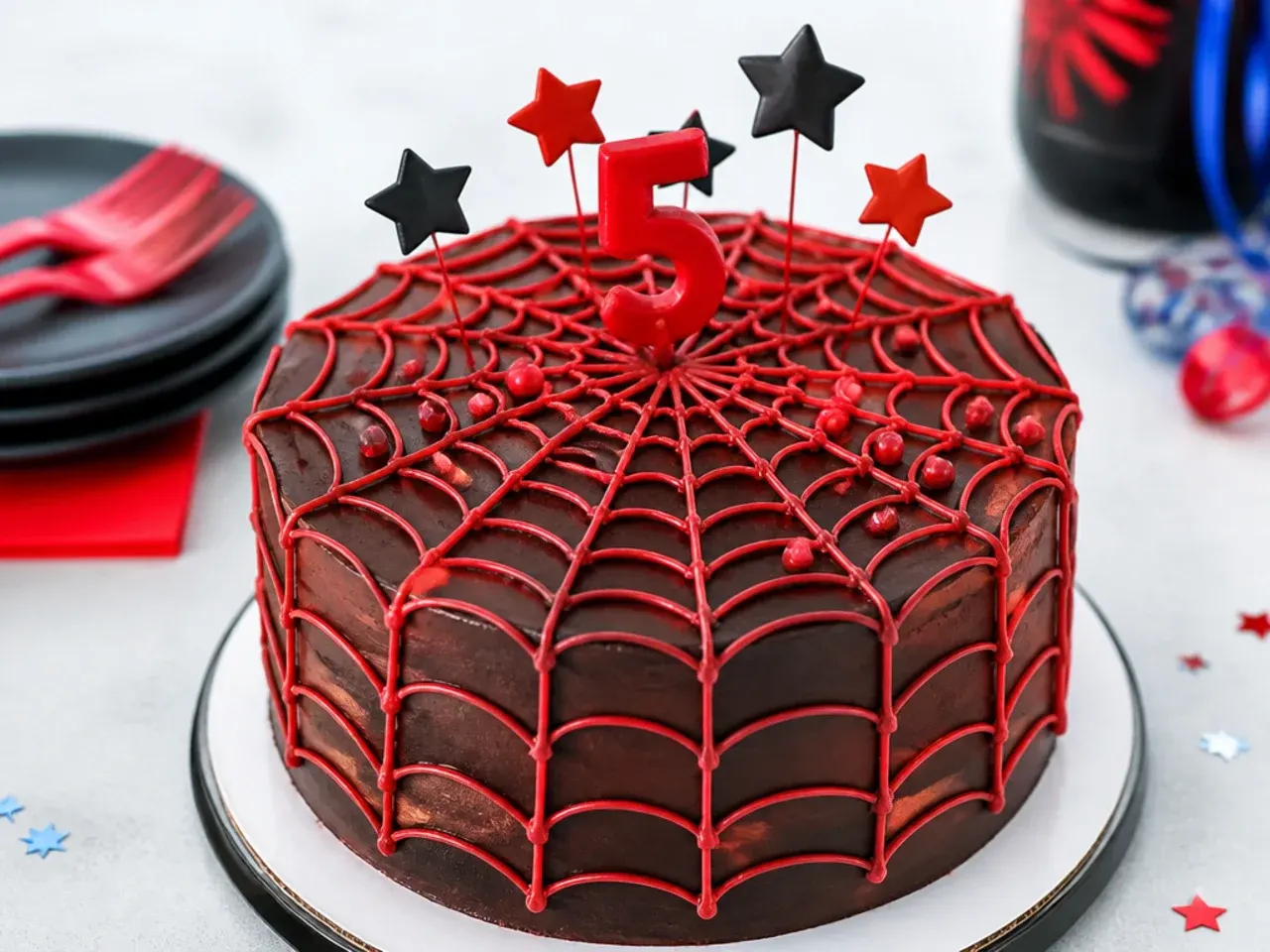 Rustic chocolate ganache Spiderman birthday cake with red buttercream web