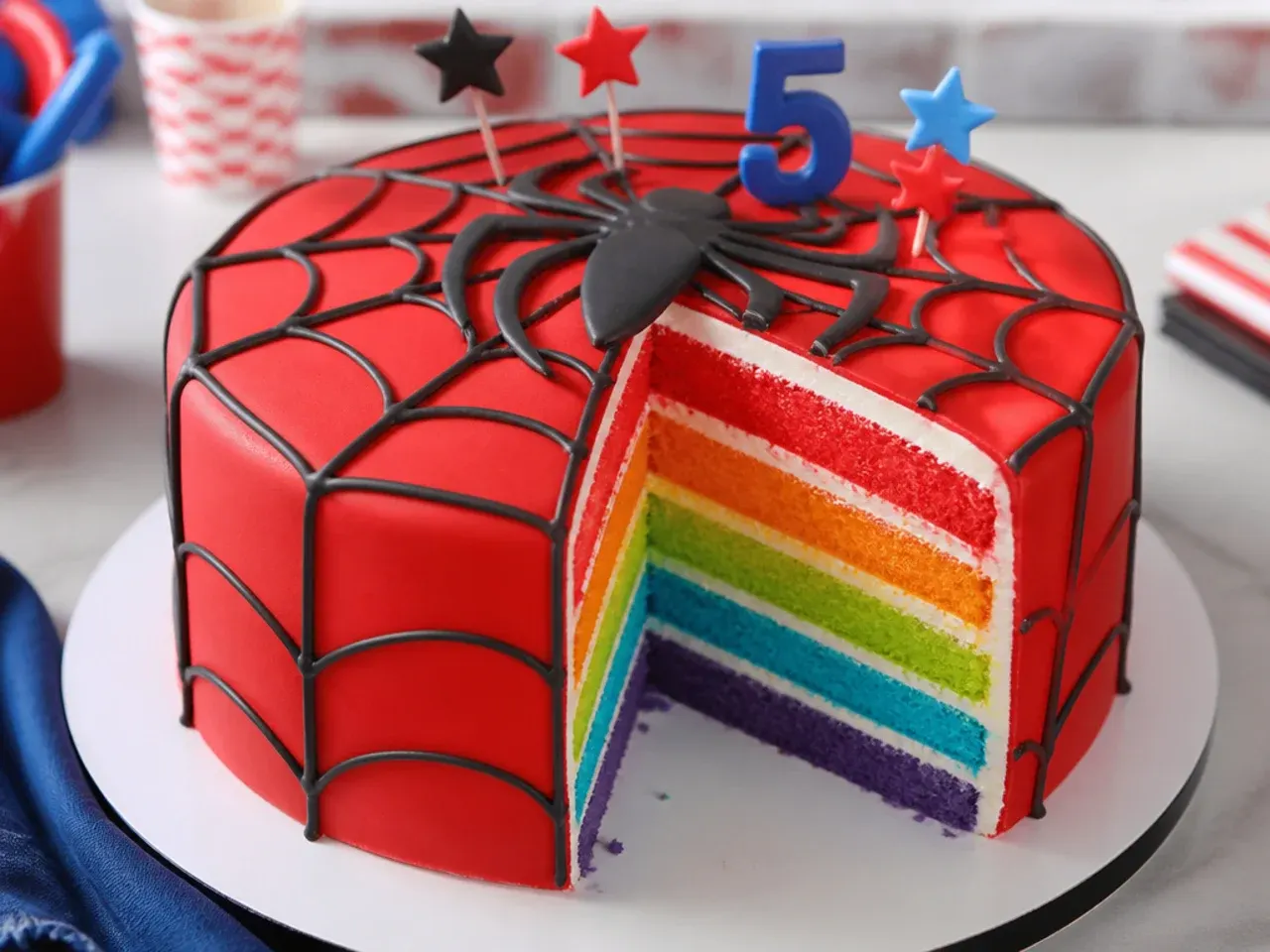 Colorful Spiderman birthday cake with hidden rainbow layers and red web exterior