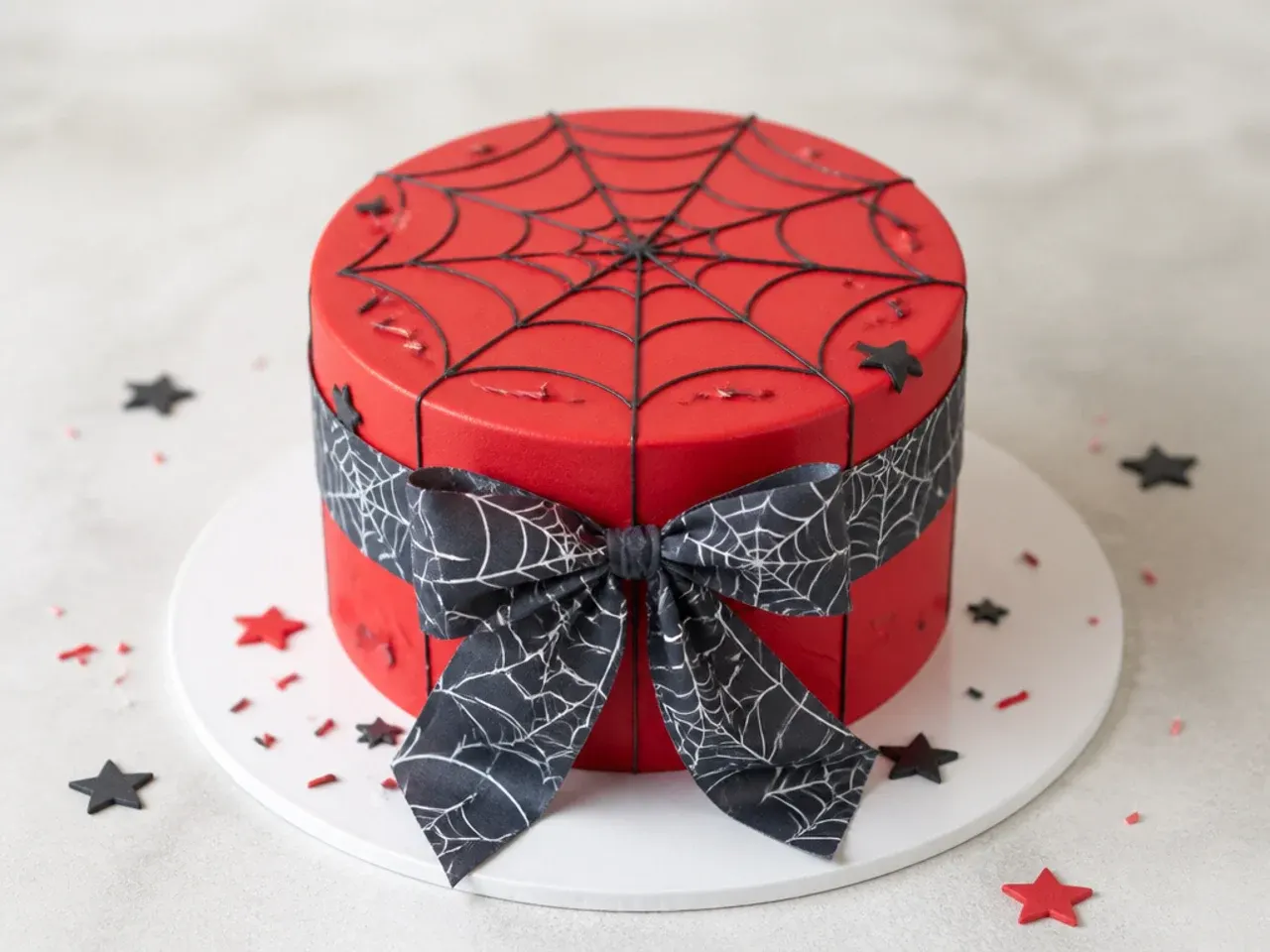 Minimal Spiderman birthday cake wrapped in edible web-pattern icing ribbon