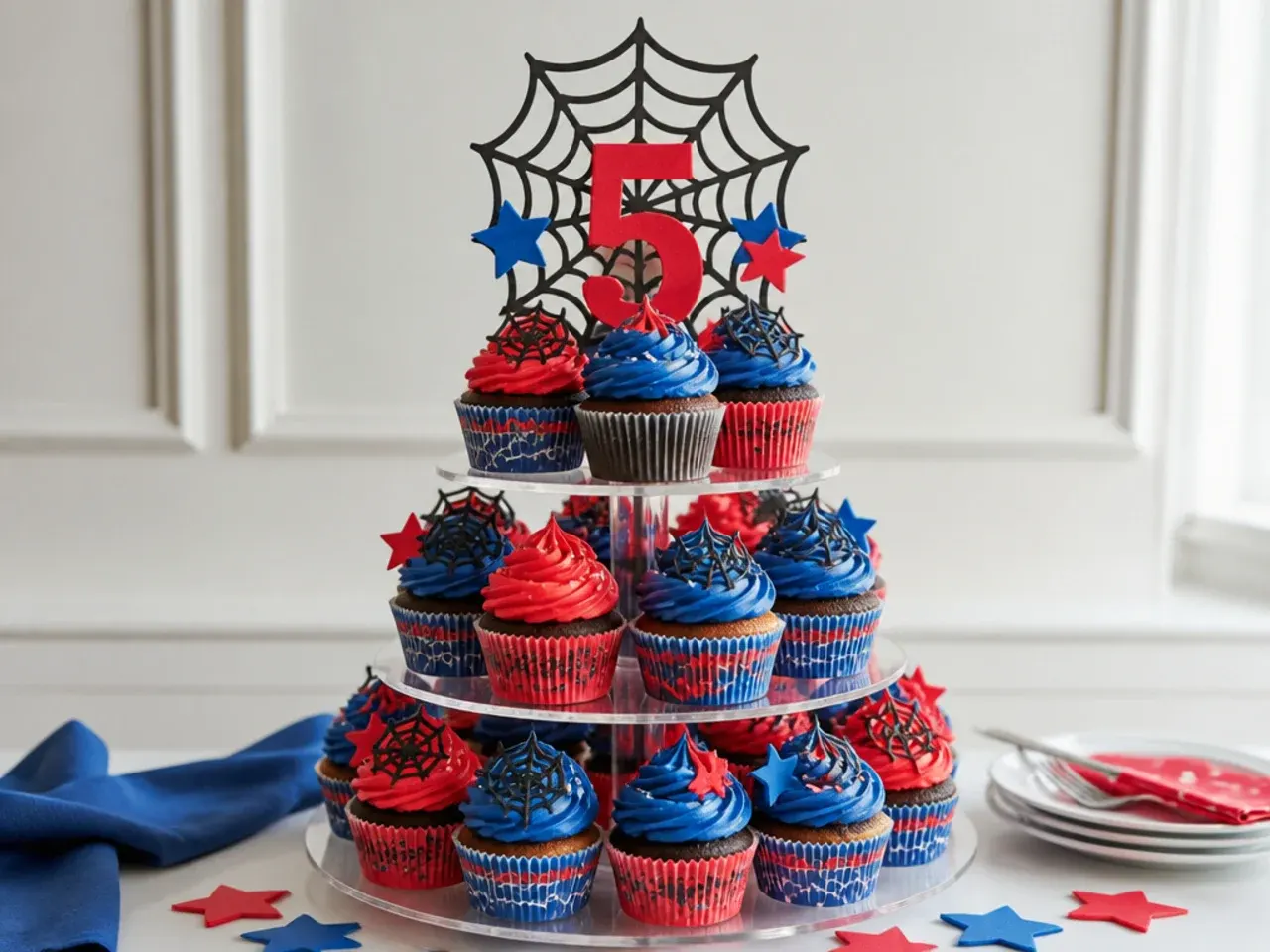 Festive Spiderman birthday cupcake tower with red and blue swirls and web cake topper