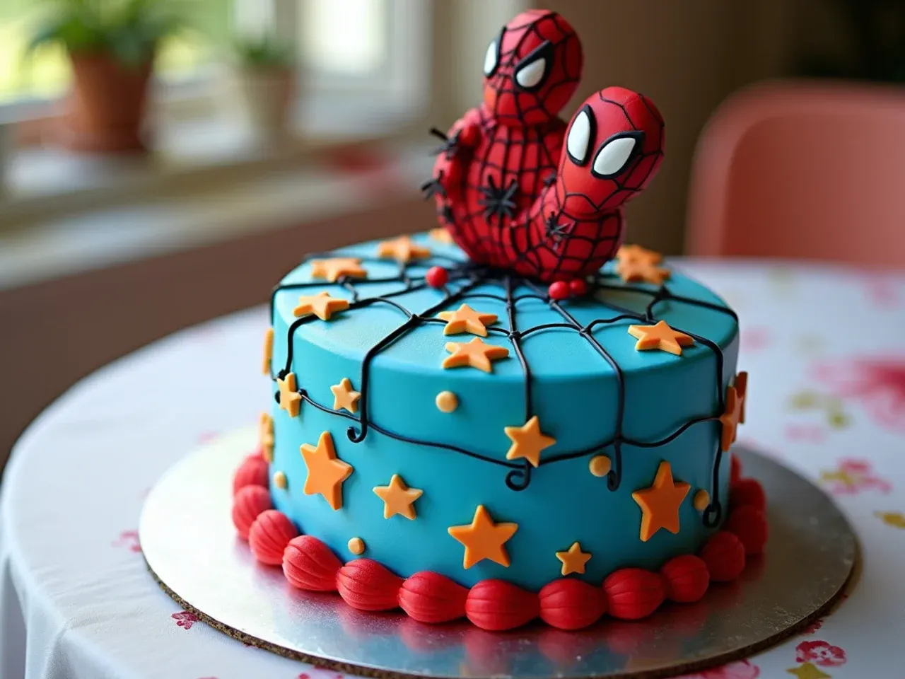 Whimsical Spiderman birthday cake with fondant web-slinging hand centerpiece