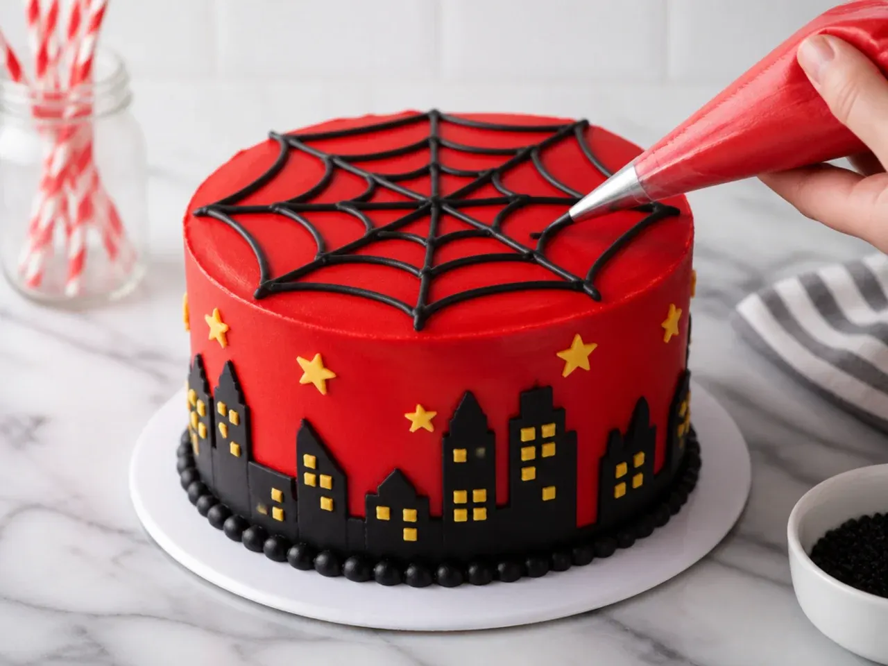 Spiderman birthday cake decorating tips with red buttercream and piping bag