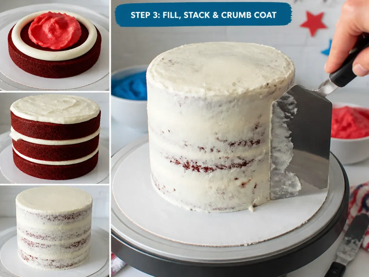 spiderman cake buttercream — step 3: fill, stack and crumb coat