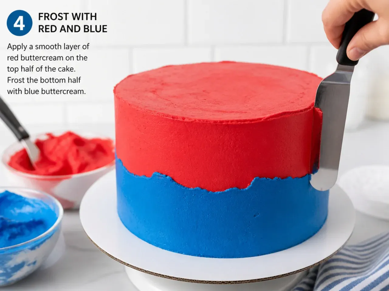 spiderman cake buttercream — step 4: frost with red and blue