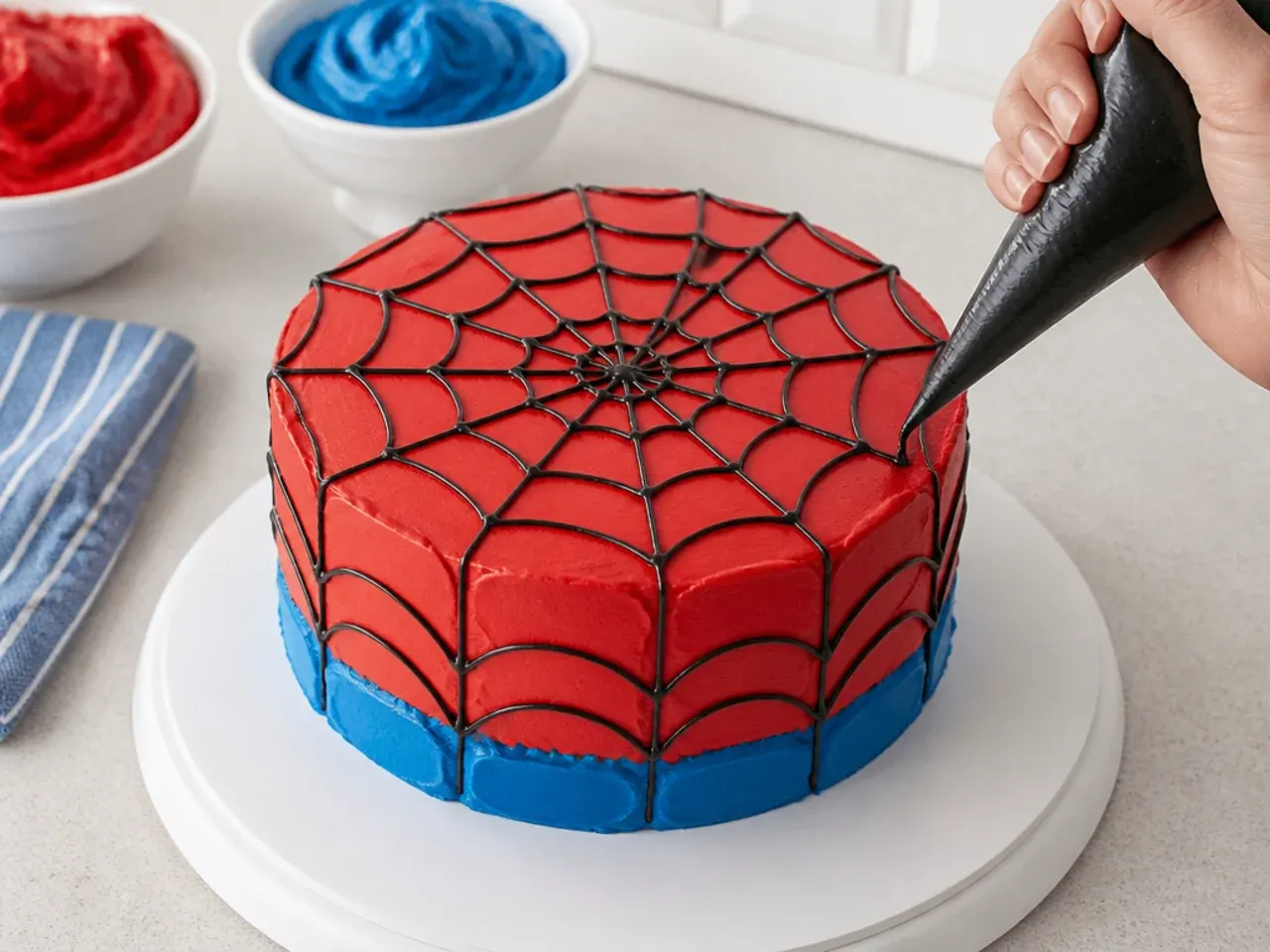 spiderman cake buttercream — step 5: pipe the black web pattern