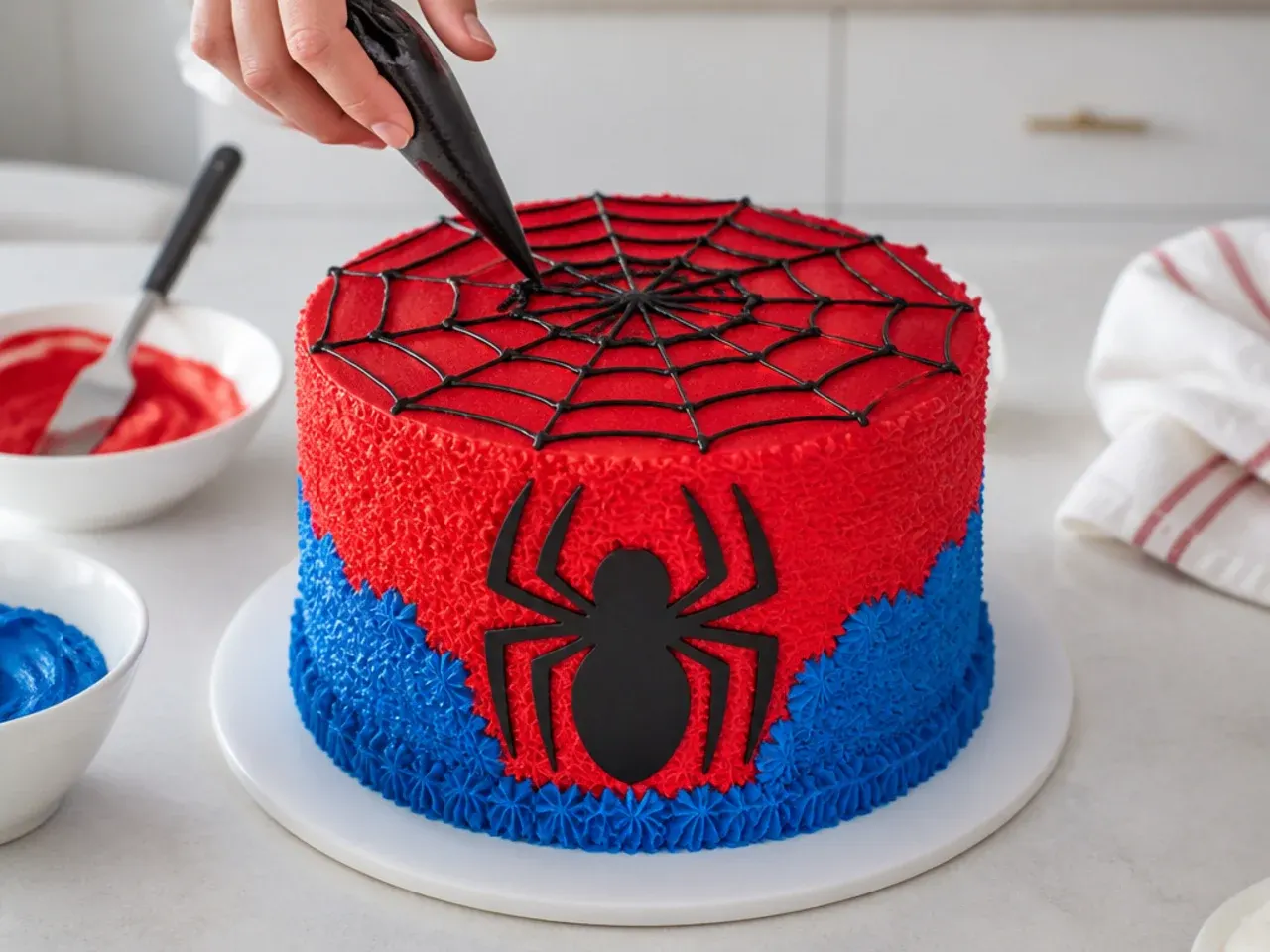 spiderman cake buttercream — step 6: add the finishing touches