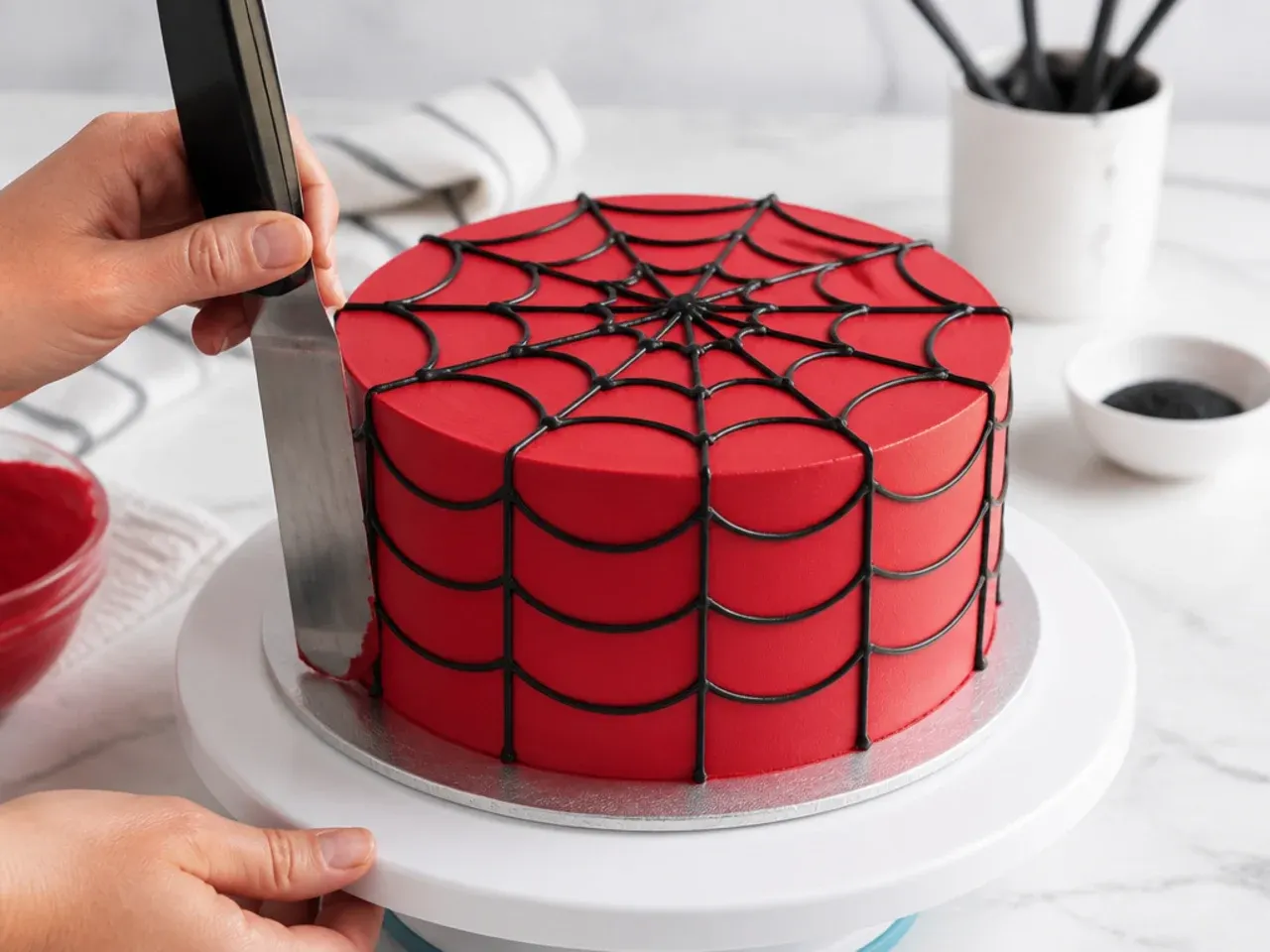 Red buttercream spiderman cake with black piped web pattern being smoothed on a cake turntable