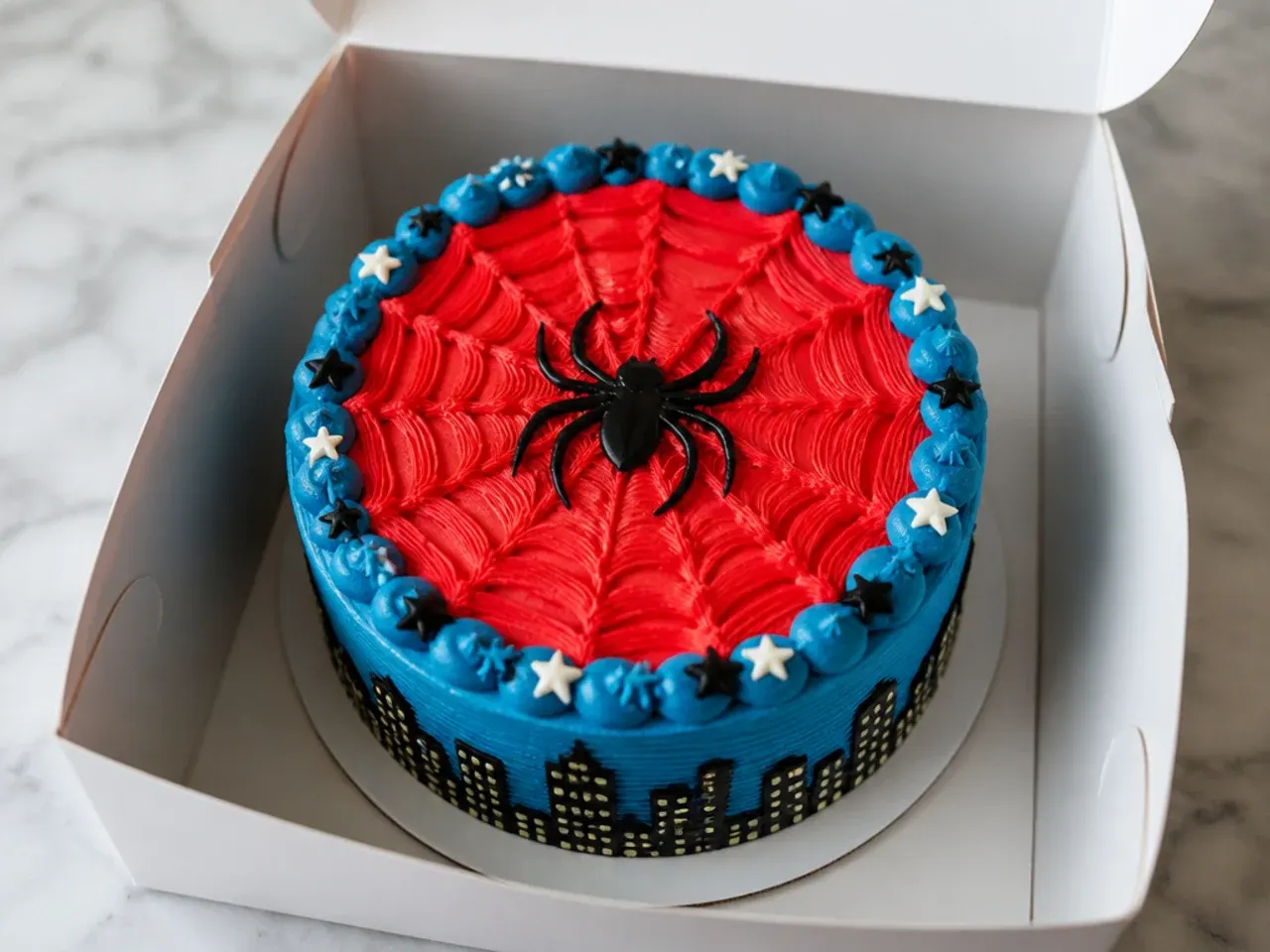 Buttercream spiderman birthday cake stored in a cake box for make-ahead party prep
