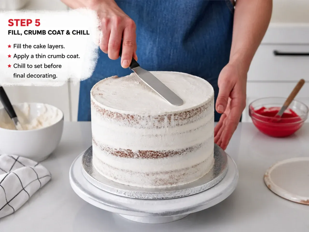 spiderman cake designs — step 5: fill, crumb coat and chill