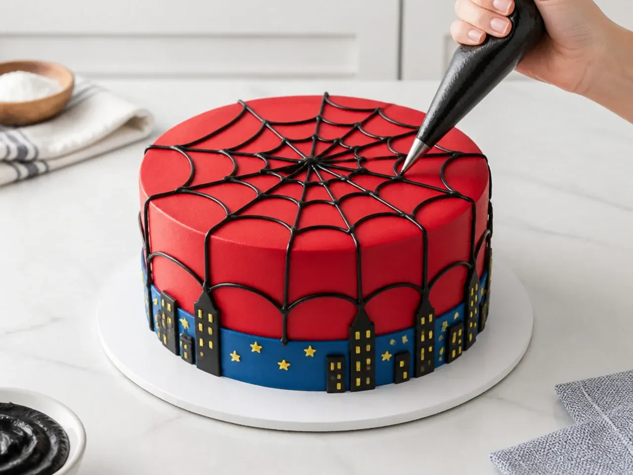 spiderman cake designs — step 7: pipe the web design