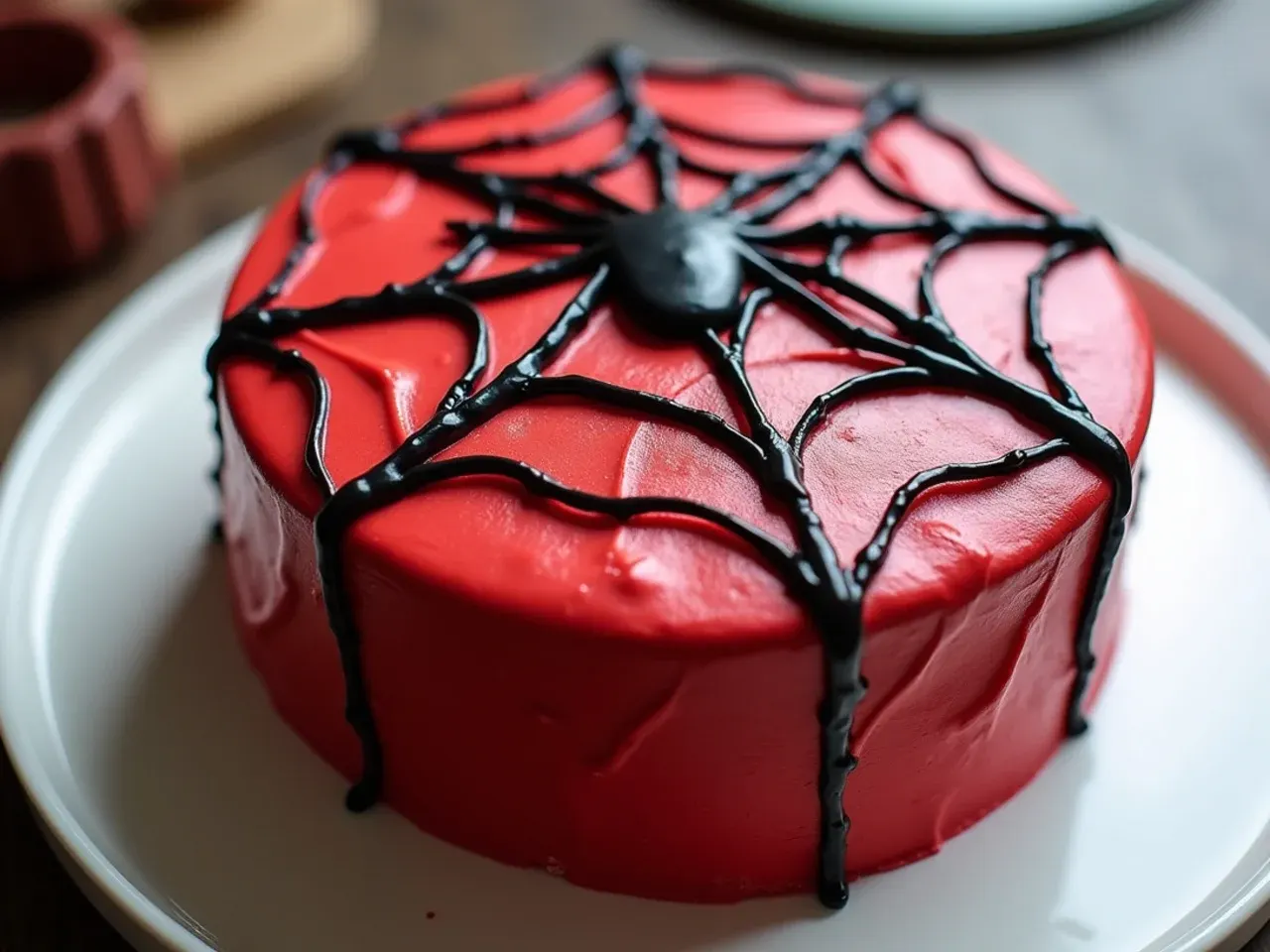Classic red spiderman cake design with black piped web on a round buttercream cake