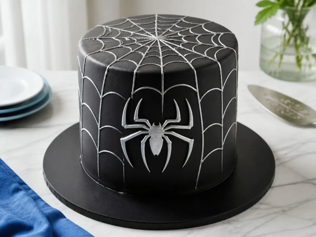 Elegant black fondant spiderman cake design with hand-painted silver web