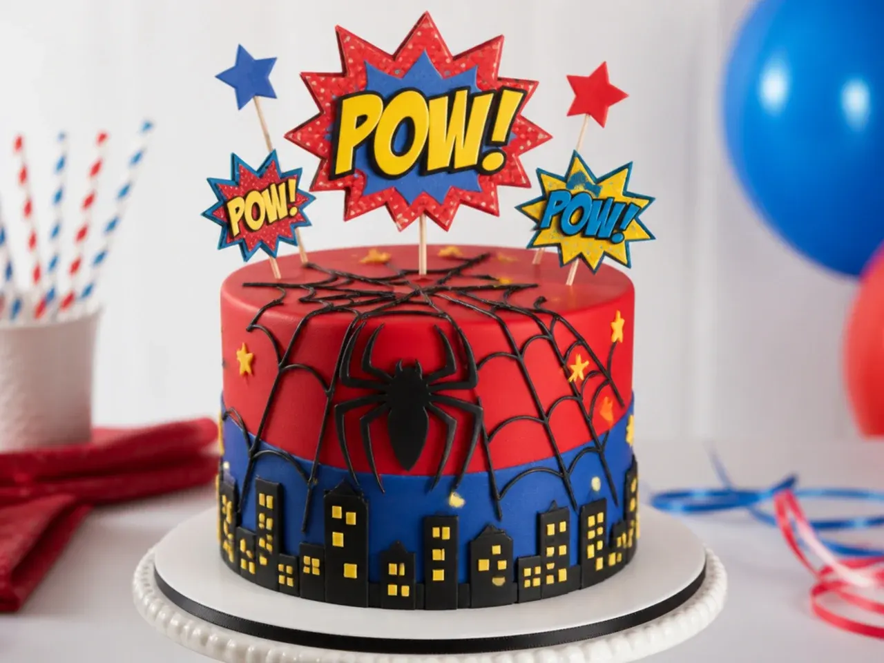 Playful comic book style spiderman birthday cake with POW starburst toppers
