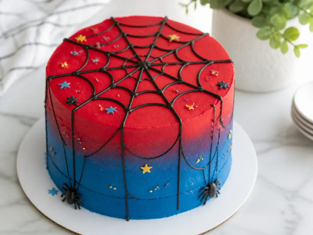 Modern ombre spiderman cake design fading from red to blue buttercream