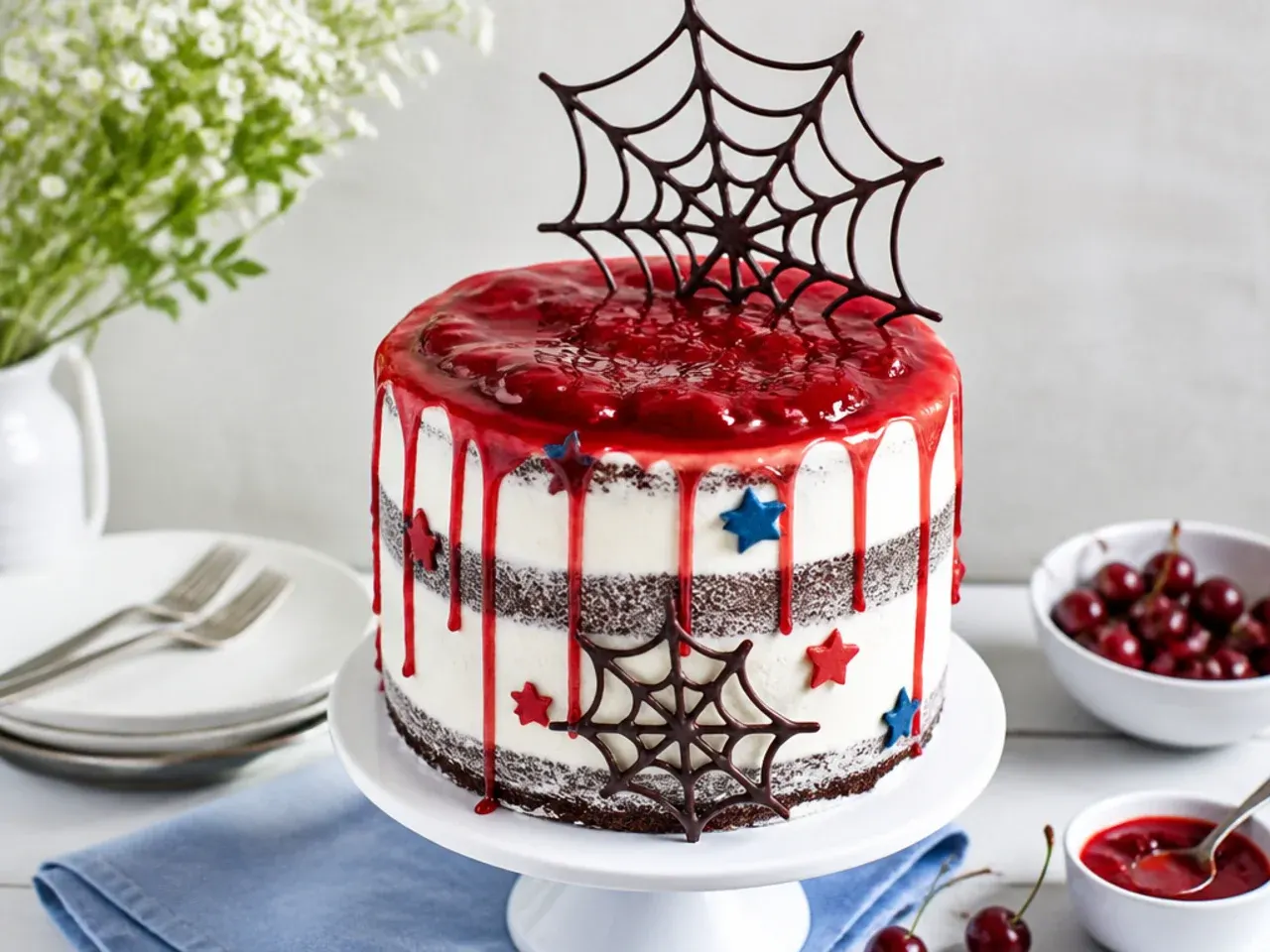 Rustic semi naked spiderman cake idea with red cherry drip and chocolate web shards