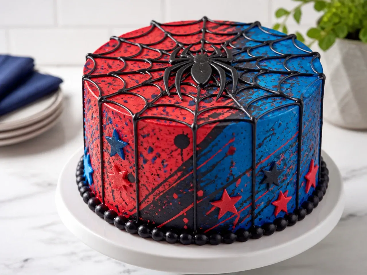 Colorful paint splatter spiderman themed cake in red blue and black