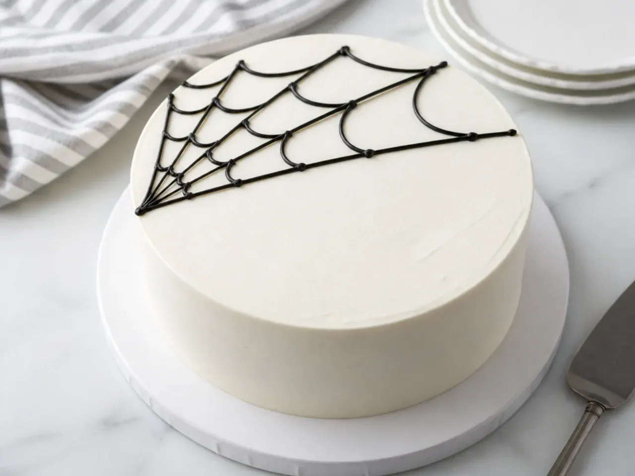 Minimal white spiderman cake design with a single black corner web