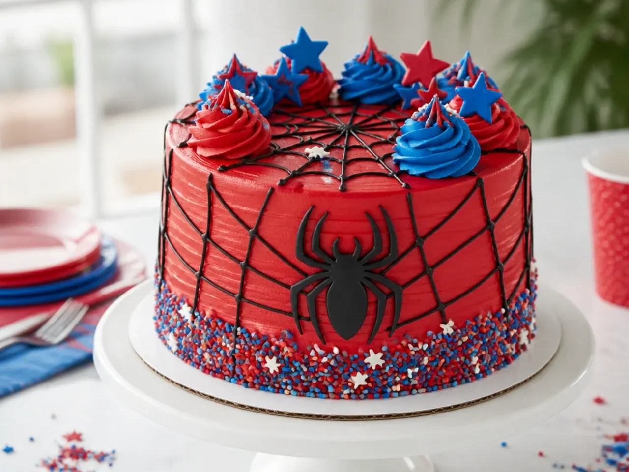 Festive spiderman birthday cake idea with red and blue sprinkles and piped swirls