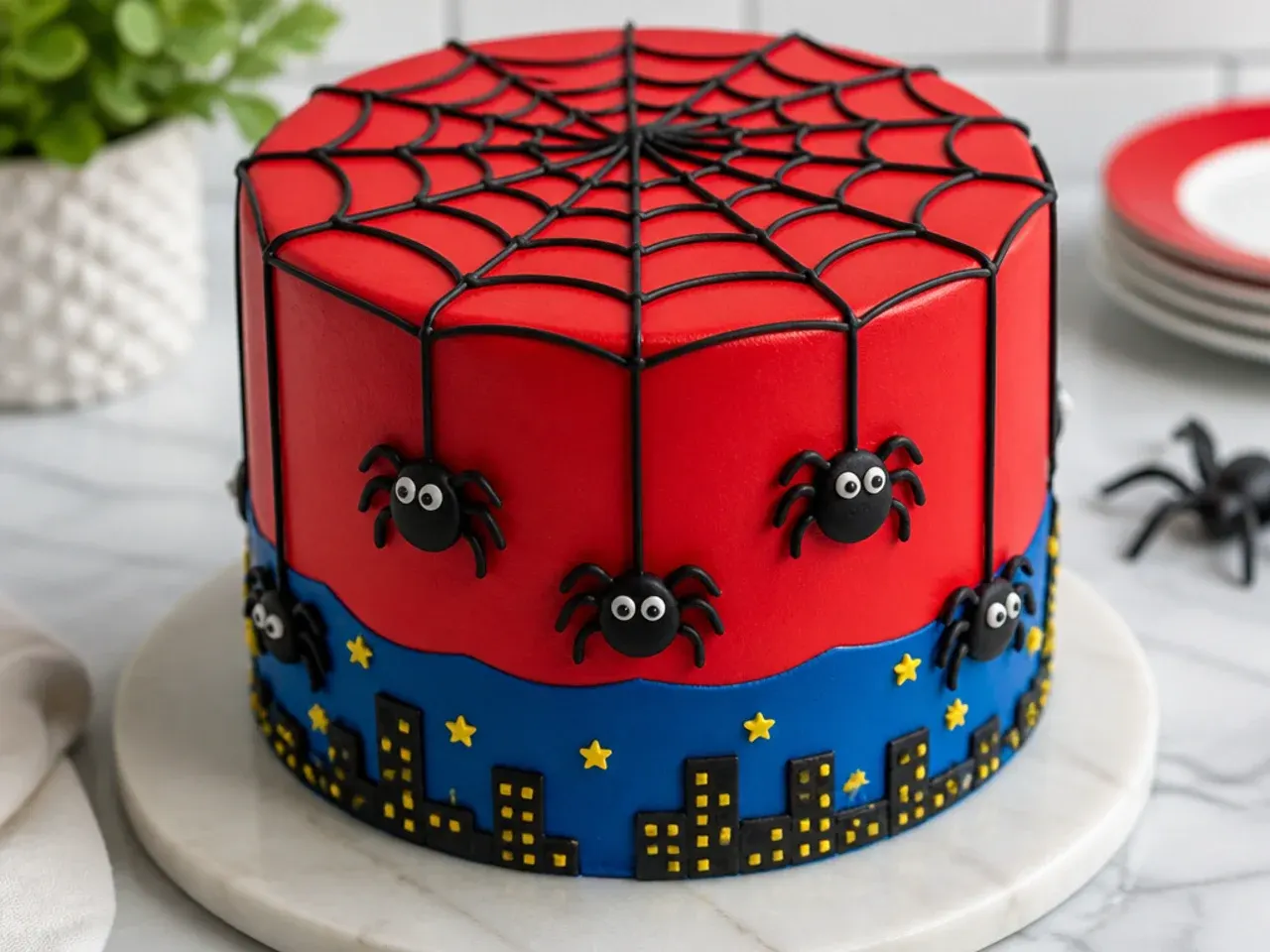 Whimsical spiderman cake design with cute fondant spiders hanging from liquorice threads