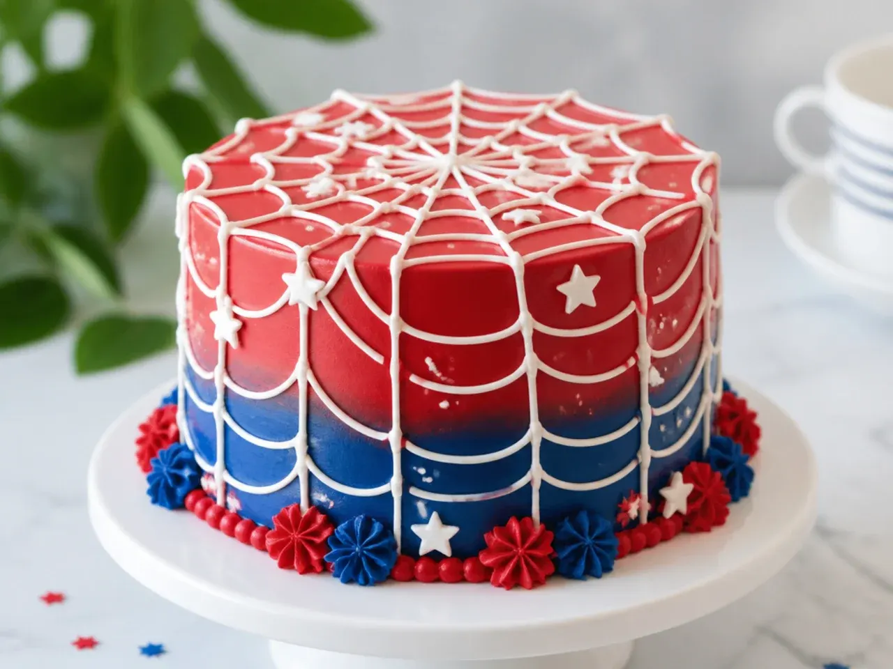 Delicate spiderman cake design with lacy white royal icing webs on buttercream