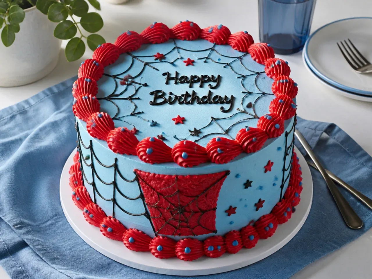 Vintage style spiderman birthday cake with red overpiped shells and blue dots
