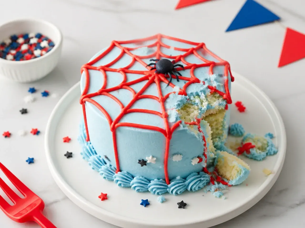 Charming mini spiderman smash cake design with red web on pale blue buttercream