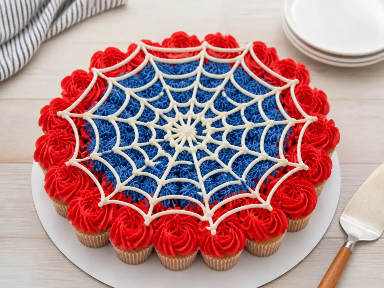 Pull apart cupcake spiderman cake design with one large web piped across the top