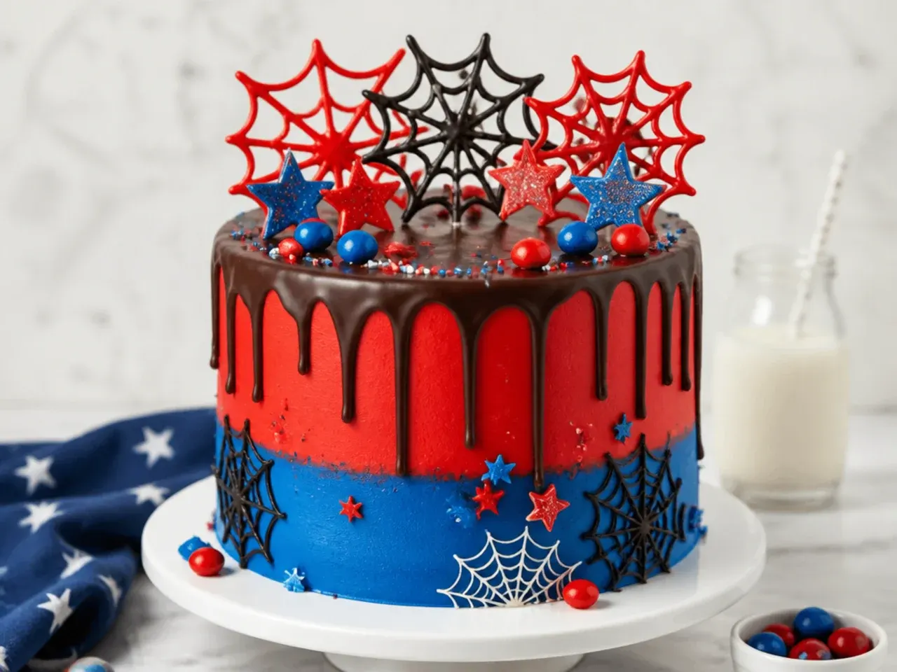 Easy spiderman drip cake idea with chocolate ganache drips and candy web toppers