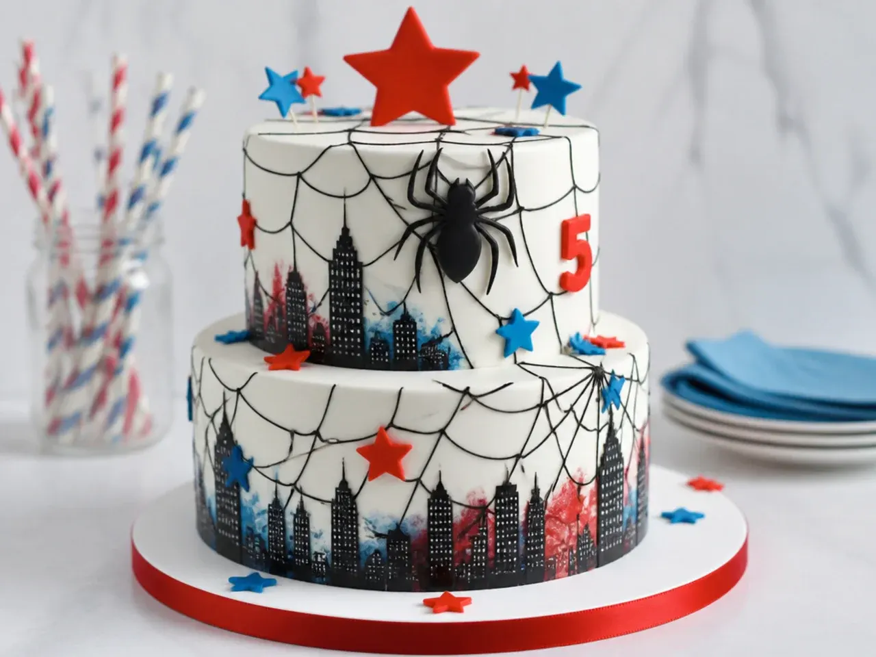 Elegant two tier spiderman cake design with hand painted black webs on white fondant