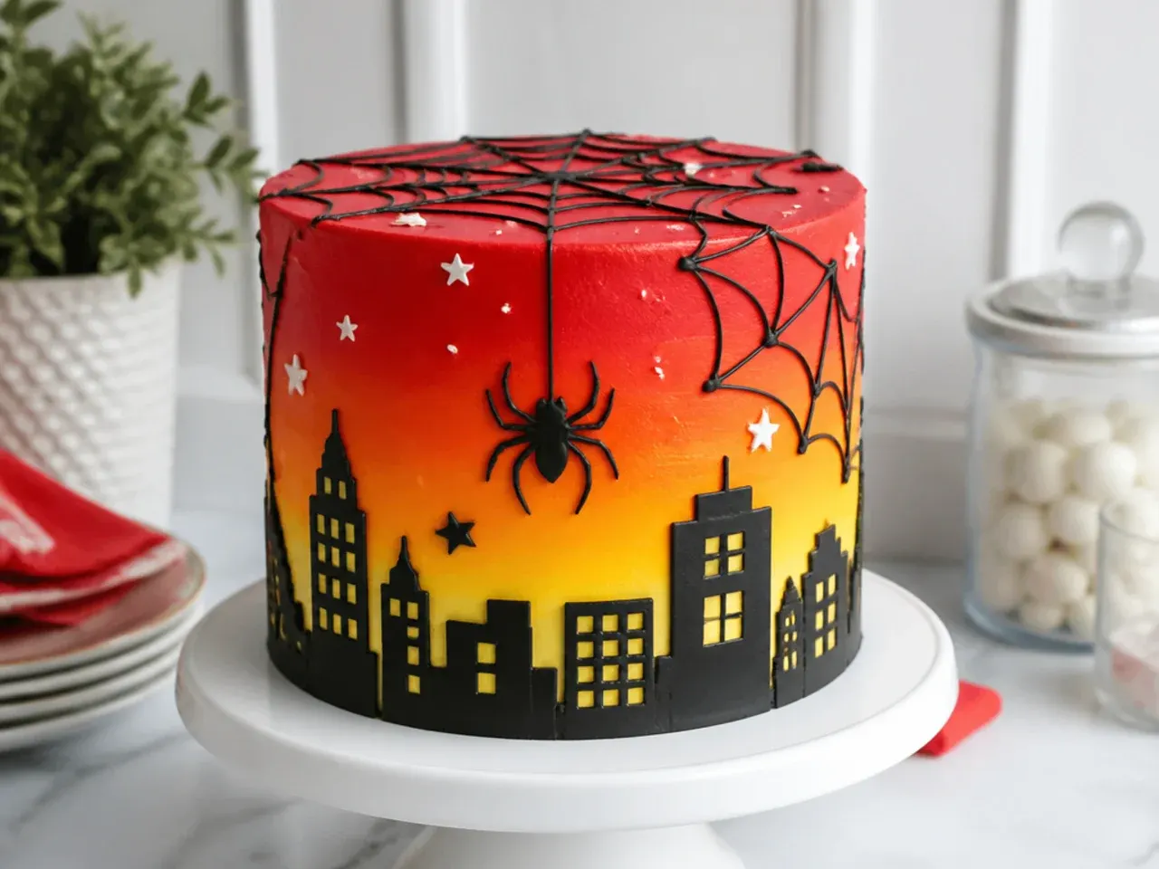 Playful spiderman themed cake with black city skyline silhouette against sunset buttercream