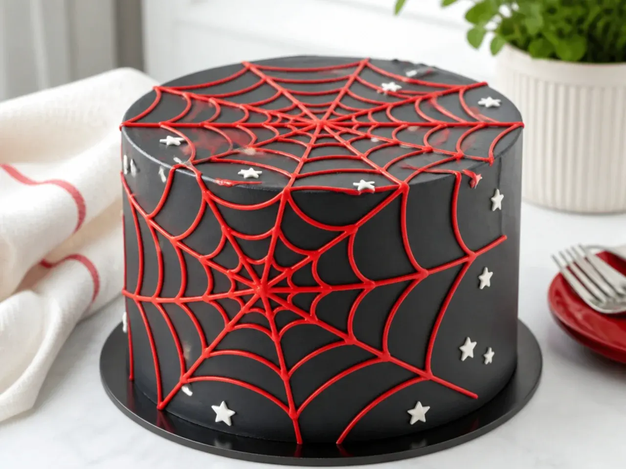 Modern stenciled spiderman cake design with red web pattern on charcoal buttercream
