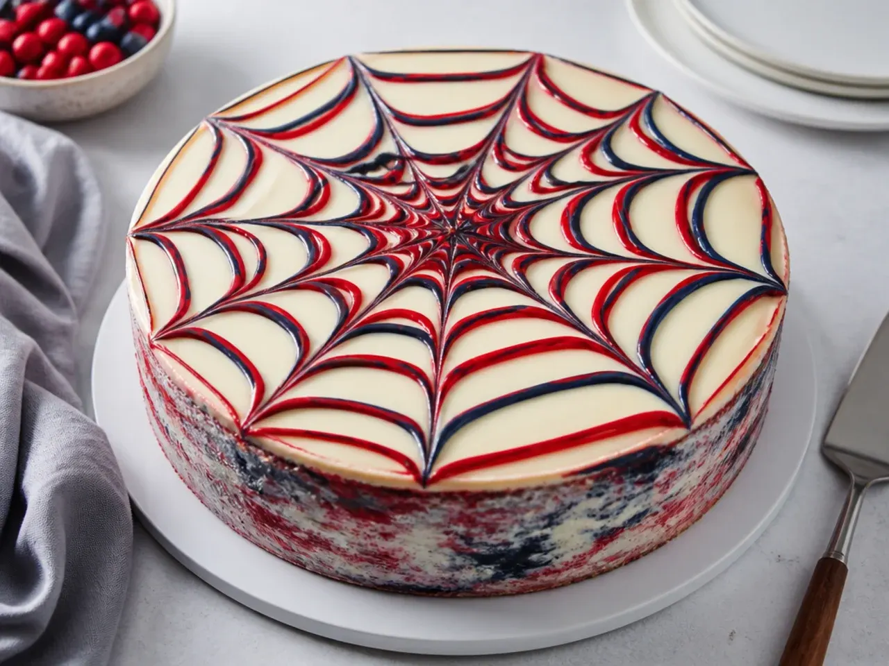 Rustic spiderman cake idea with cobweb swirl dragged through white ganache glaze