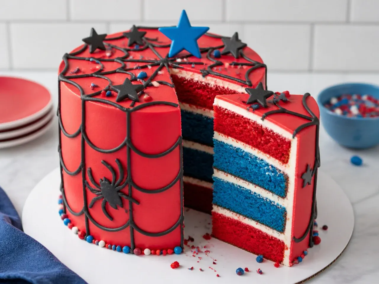 Colorful surprise spiderman cake design with hidden red and blue sponge layers