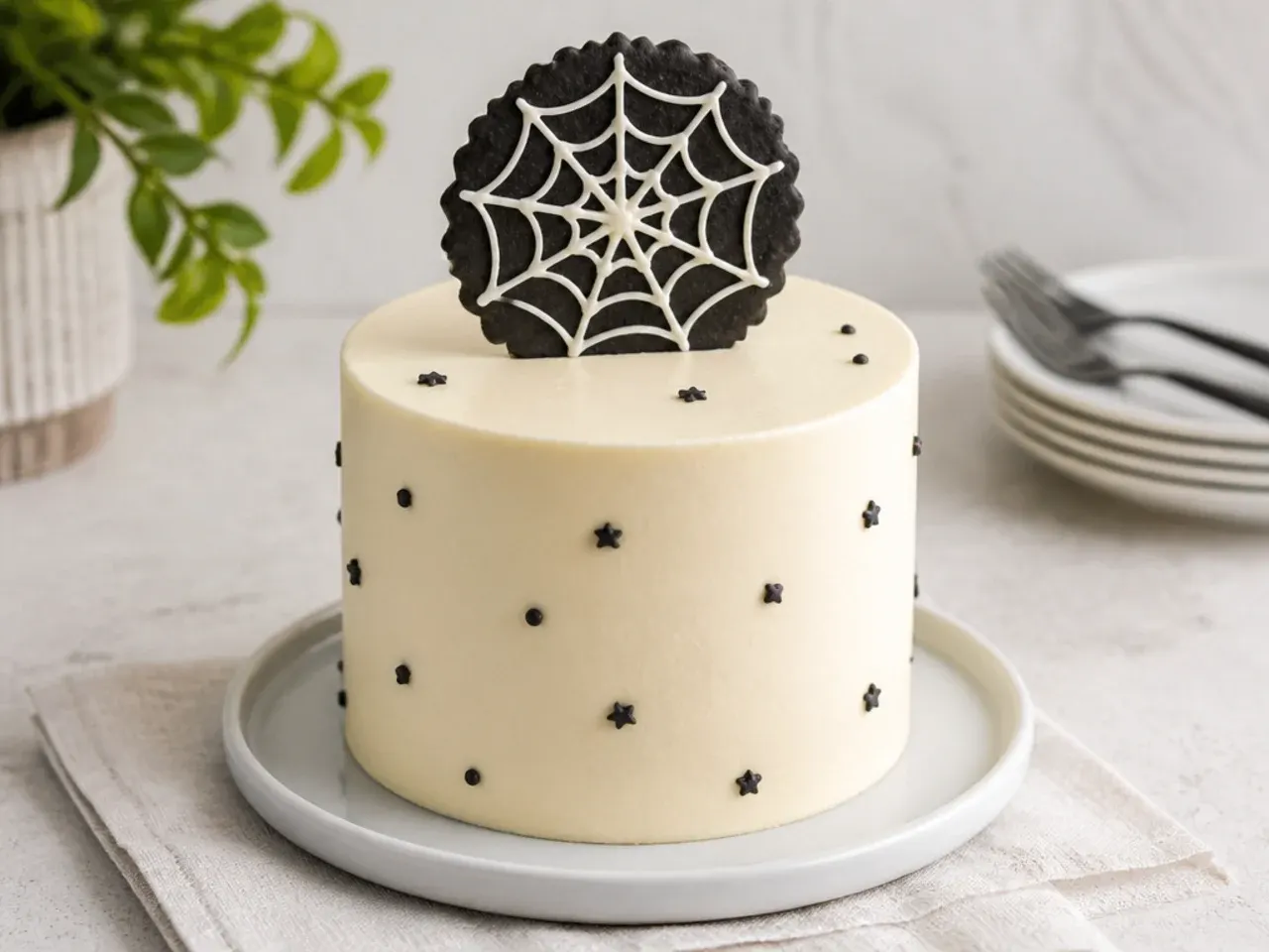 Minimal spiderman cake idea with a single black web cookie topper on ivory buttercream