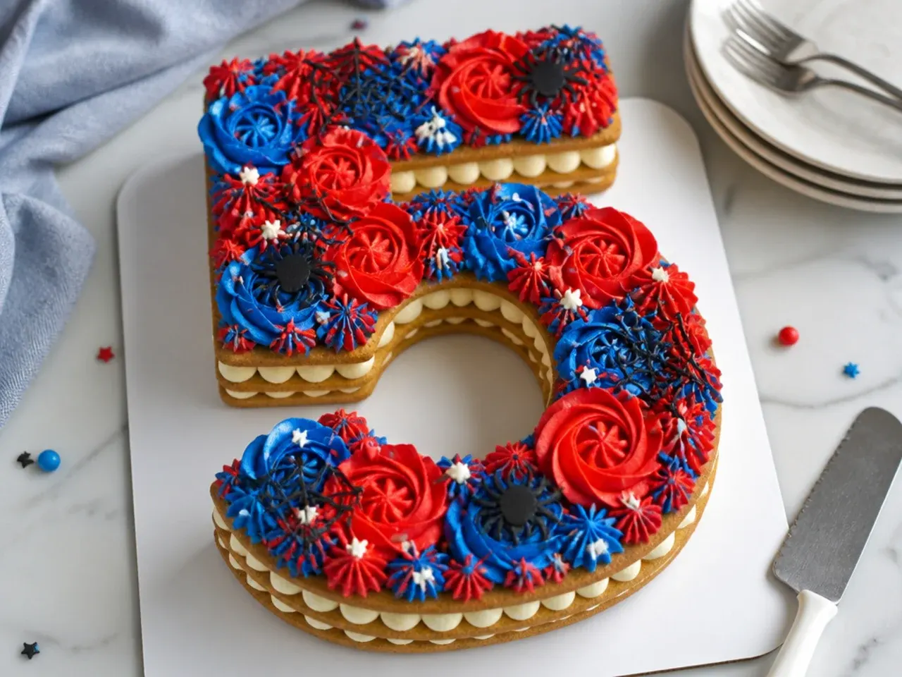 Festive spiderman number cake design covered in red and blue buttercream swirls