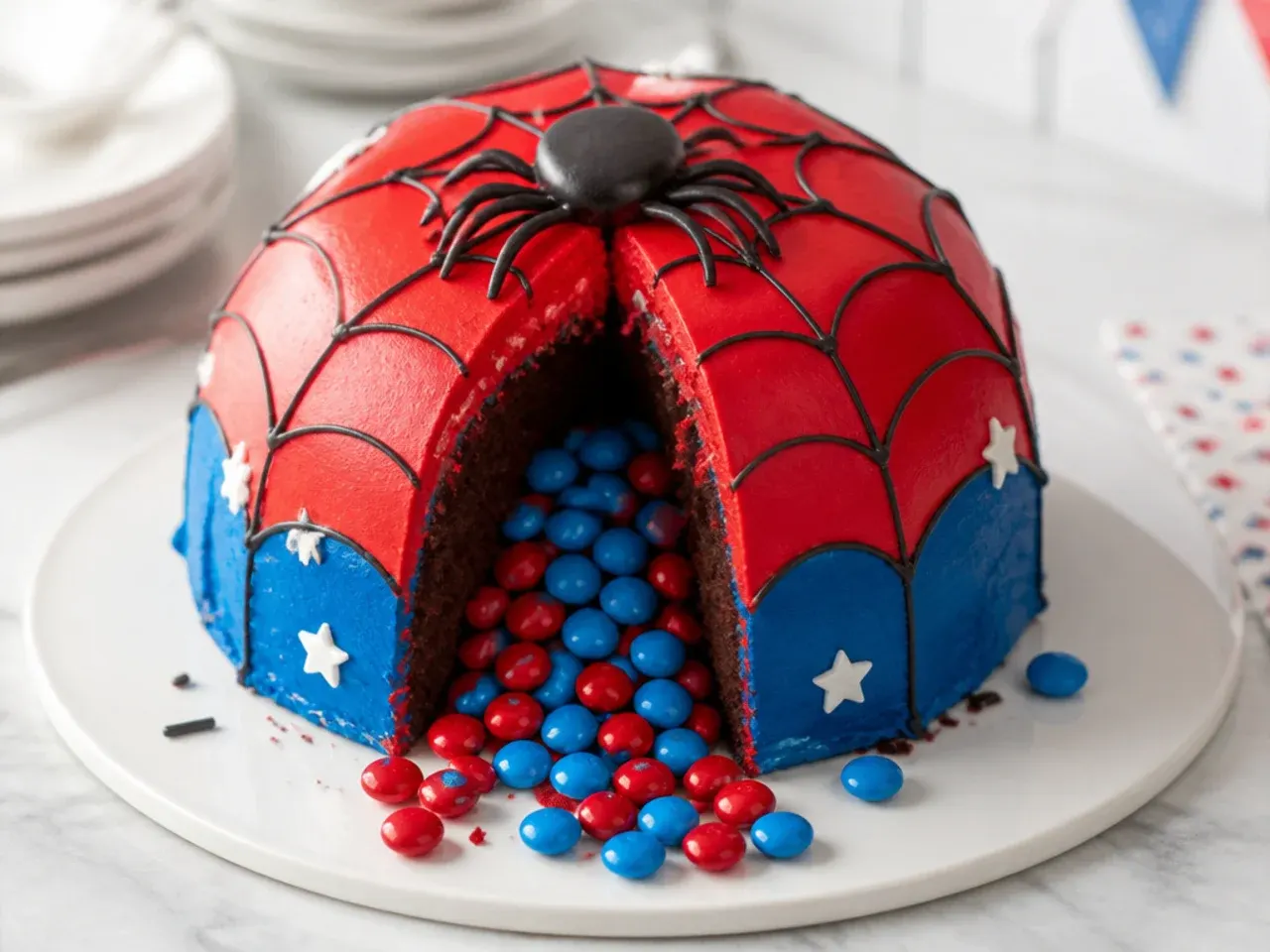 Whimsical spiderman pinata cake idea spilling red and blue candy from the centre
