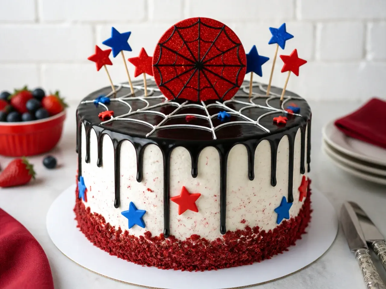 Bold spiderman cake design with black ganache drip over white frosted red velvet