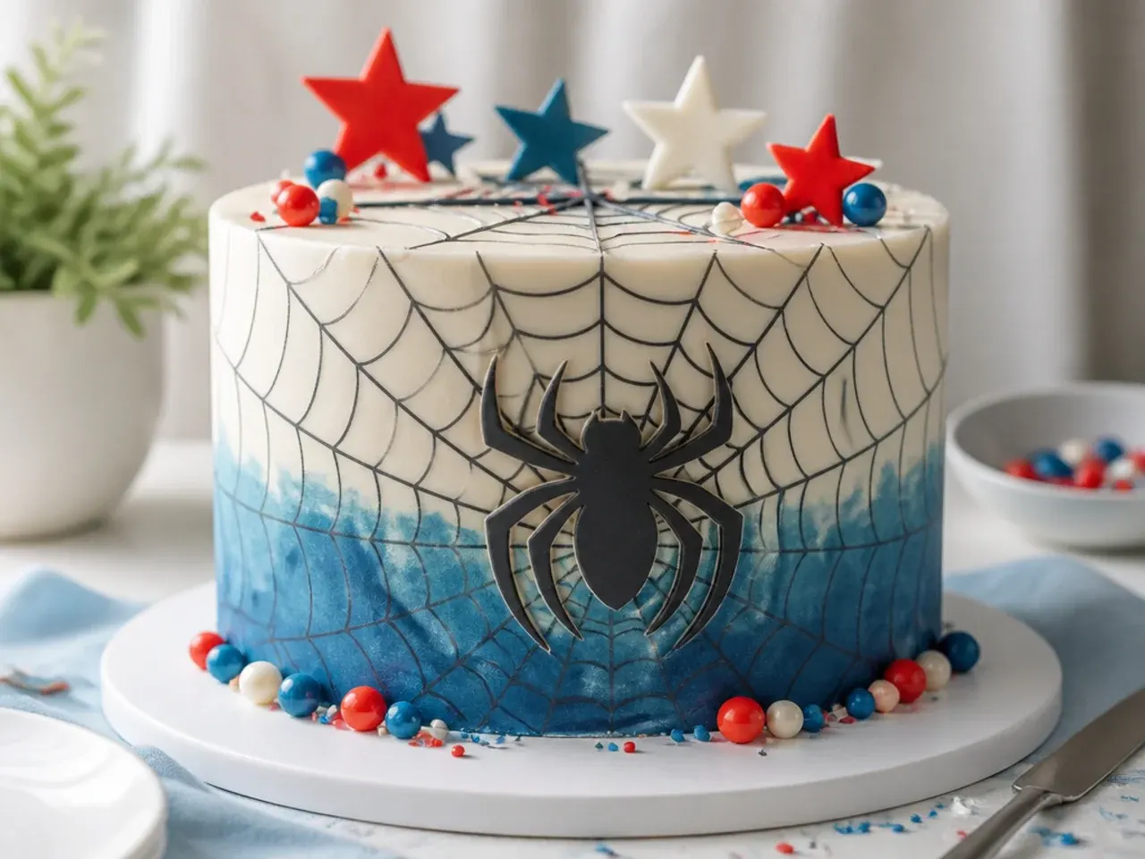 Delicate spiderman cake idea wrapped in printed wafer paper web pattern
