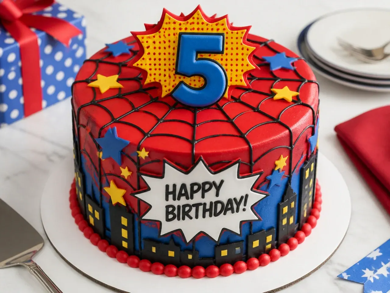 Vintage comic style spiderman birthday cake with red halftone dots and speech bubble